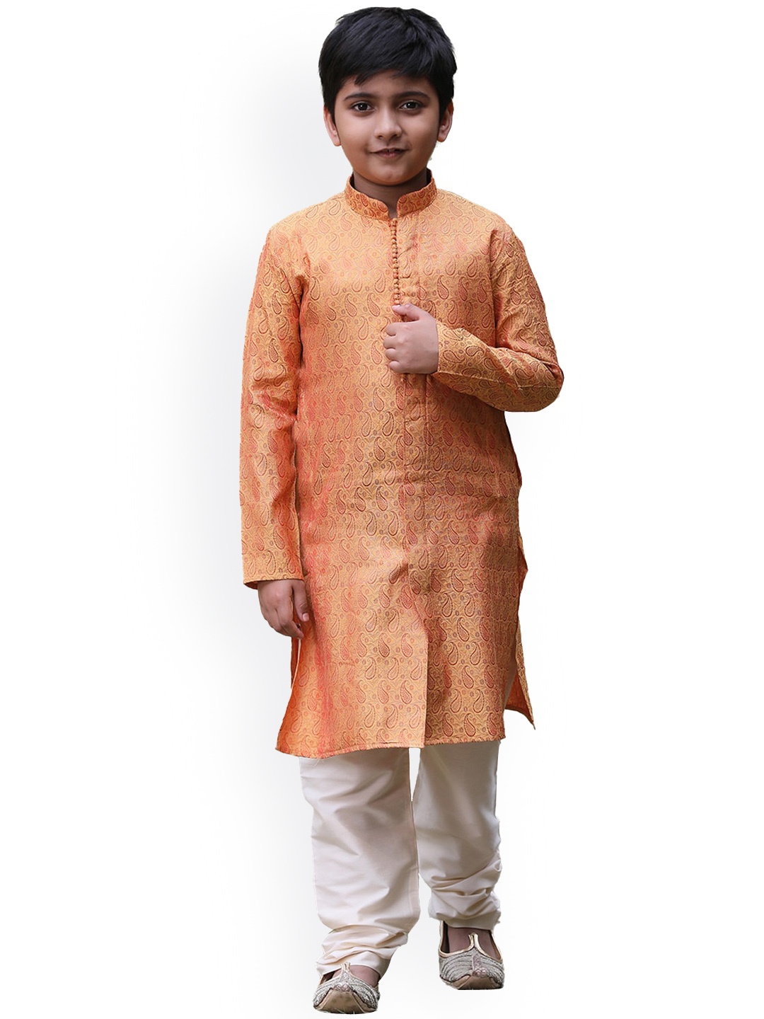 

Manyavar Boys Orange Ethnic Motifs Kurta with Churidar Set