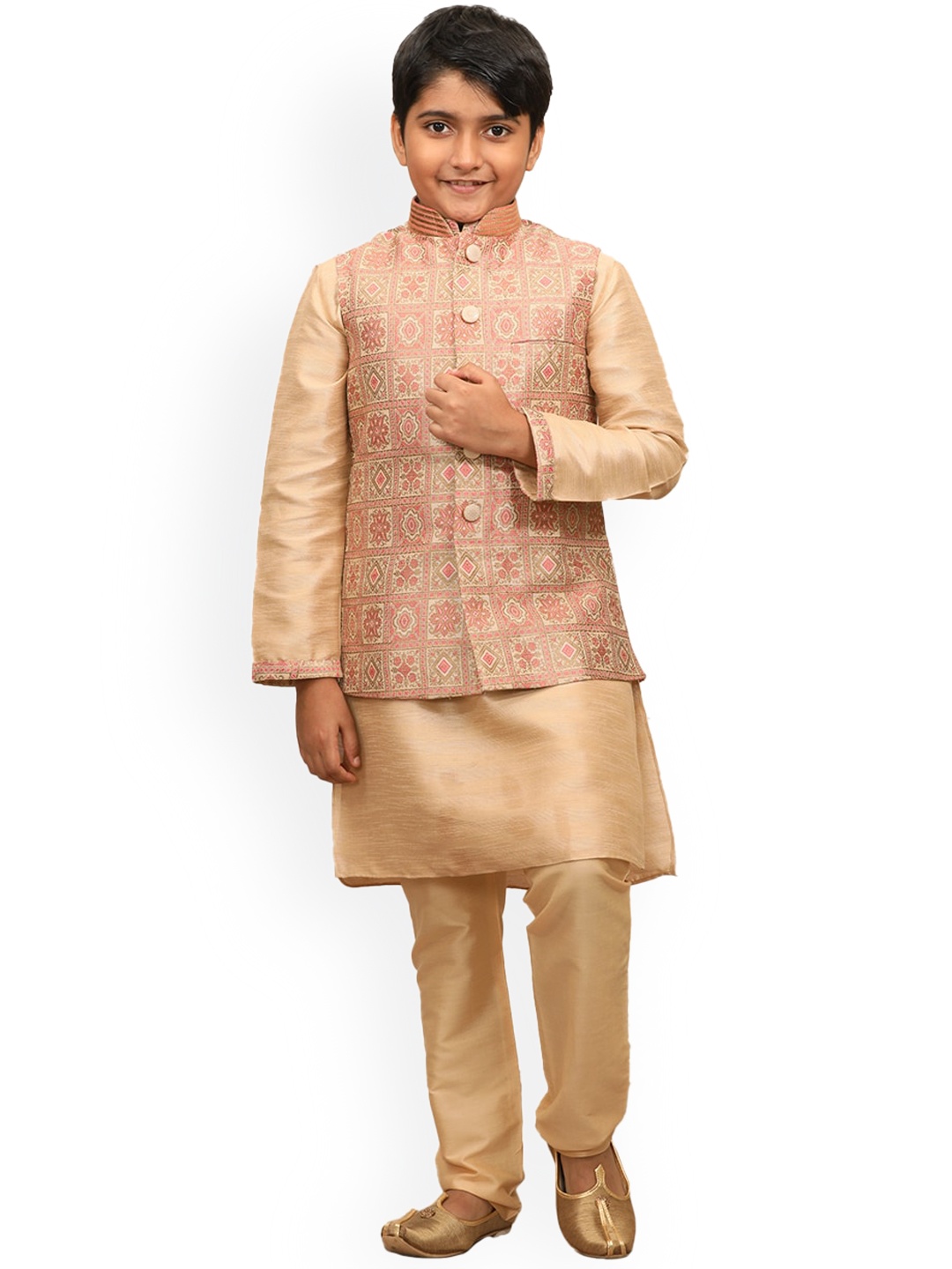 

Manyavar Boys Beige Ethnic Motifs Layered Kurta with Churidar with Nehru Jacket