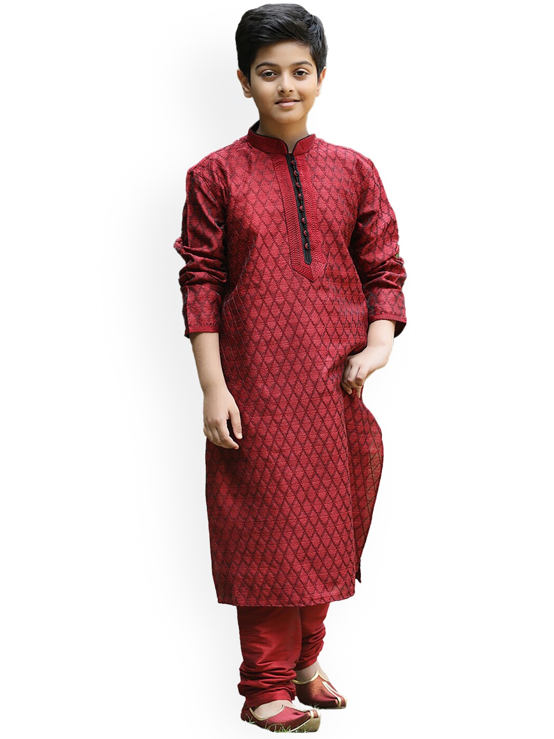 

Manyavar Boys Maroon Ethnic Motifs Woven Design Kurta with Churidar