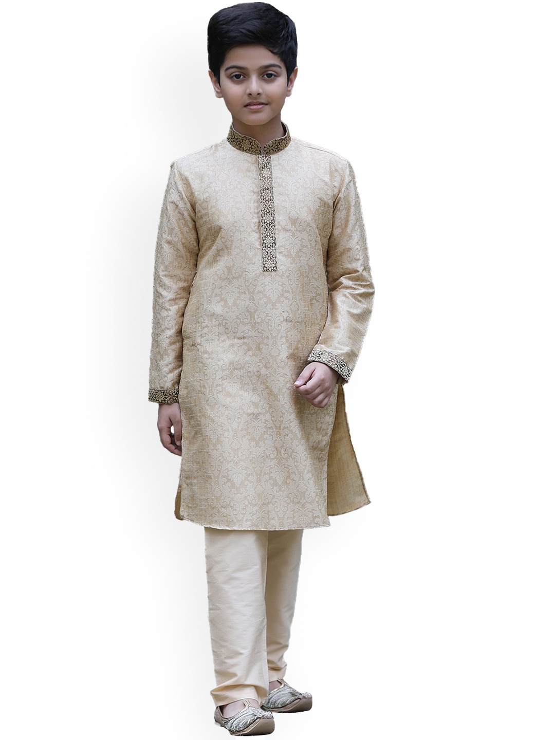 

Manyavar Boys Beige Mandarin Collar Woven Design Kurta with Pyjamas