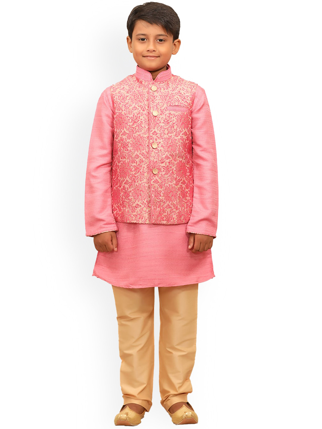 

Manyavar Boys Kurta With Pyjama & Self Design Printed Nehru Jacket, Pink