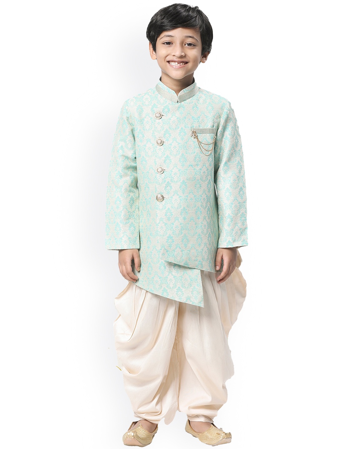 

Manyavar Boys Turquoise Blue Angrakha Semi Indo Western Kurta with Patiala