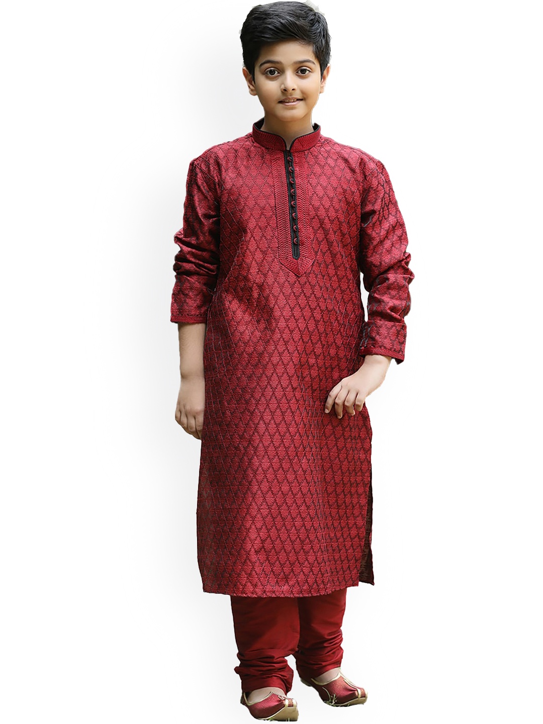 

Manyavar Boys Maroon Ethnic Motifs Woven Design Kurta with Churidar