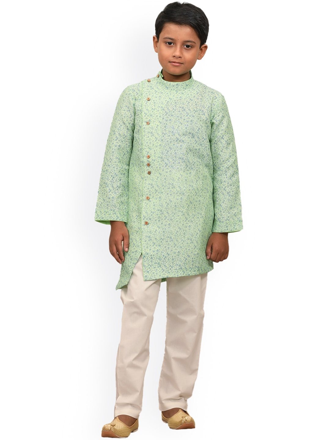 

Manyavar Boys Lime Green Floral Printed Angrakha Kurta with Pyjamas