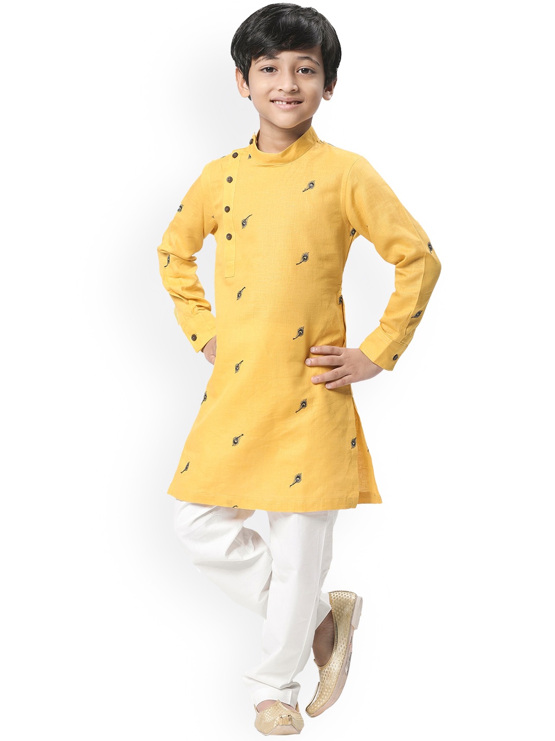 

Manyavar Boys Mustard Yellow Ethnic Motifs Embroidered Angrakha Kurta with Pyjamas