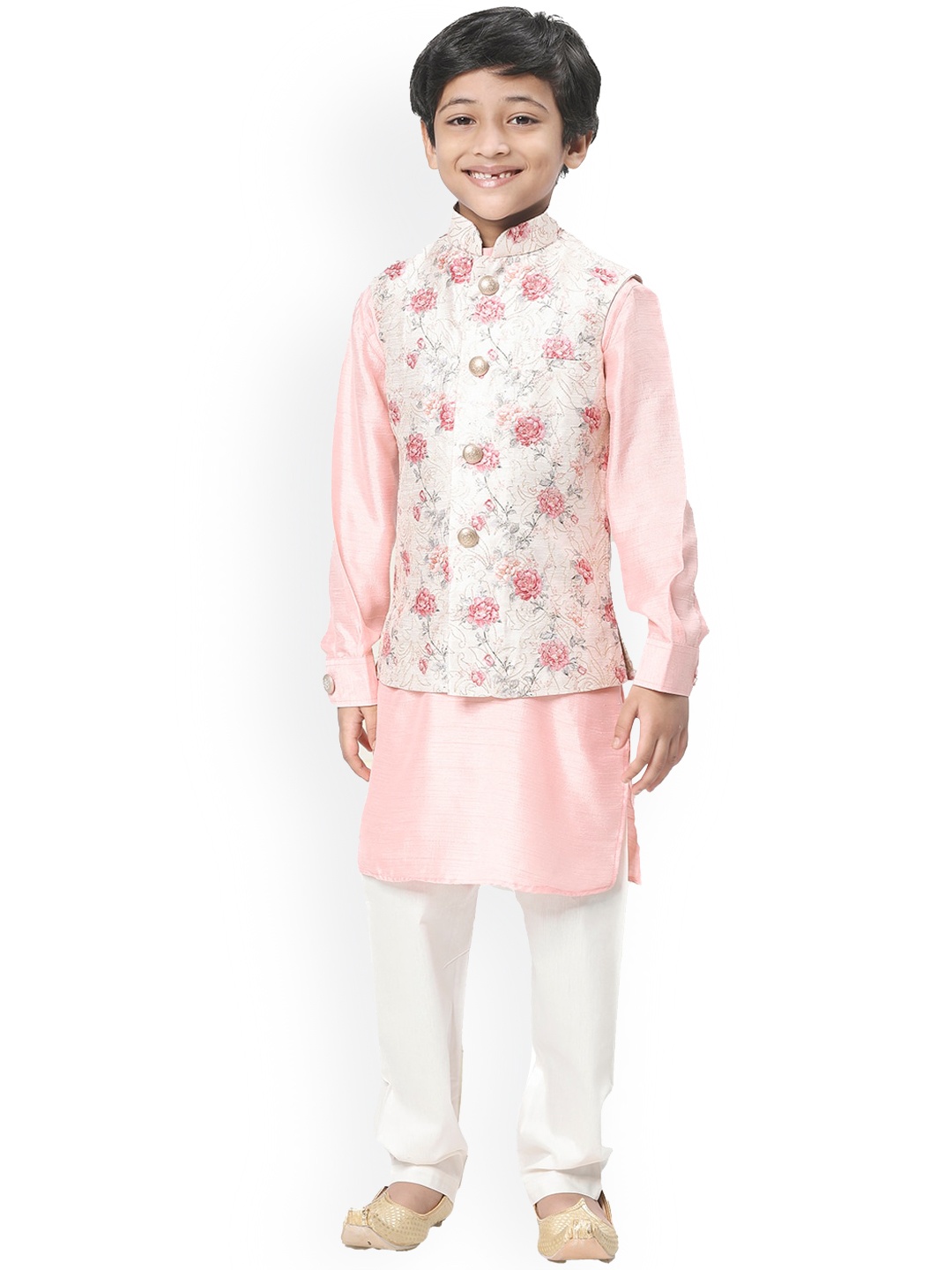 

Manyavar Boys Pink & White Art Silk Kurta and Pyjamas with Floral Nehru Jacket
