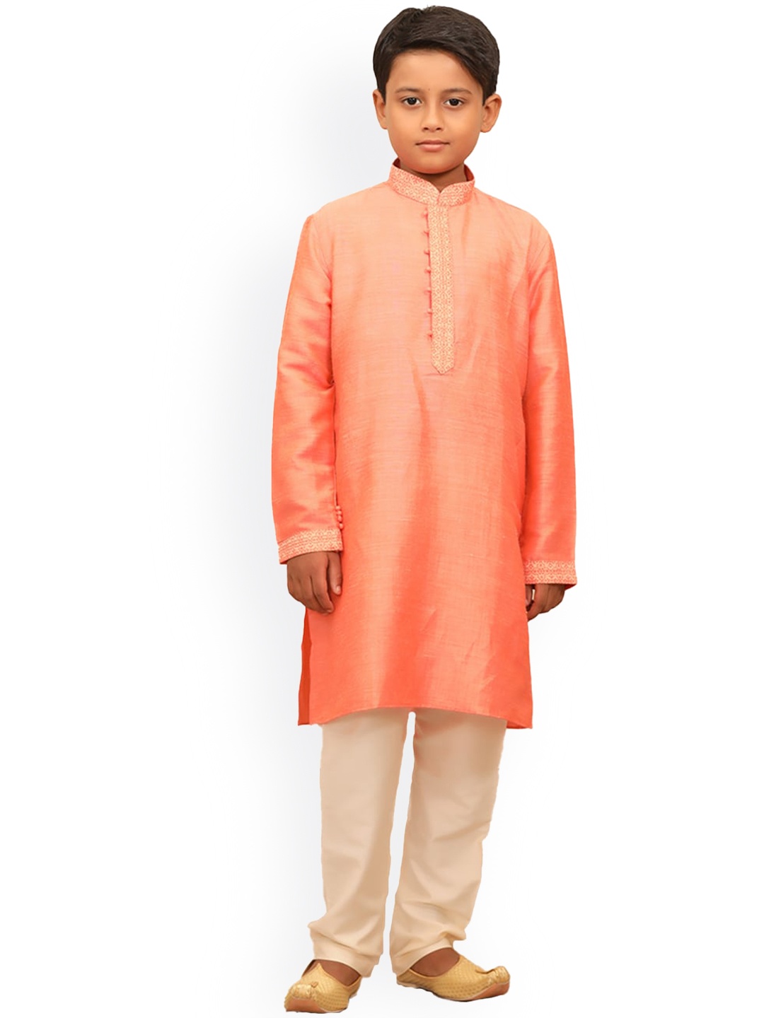

Manyavar Boys Coral Orange Gotta Patti Linen Kurta with Pyjamas