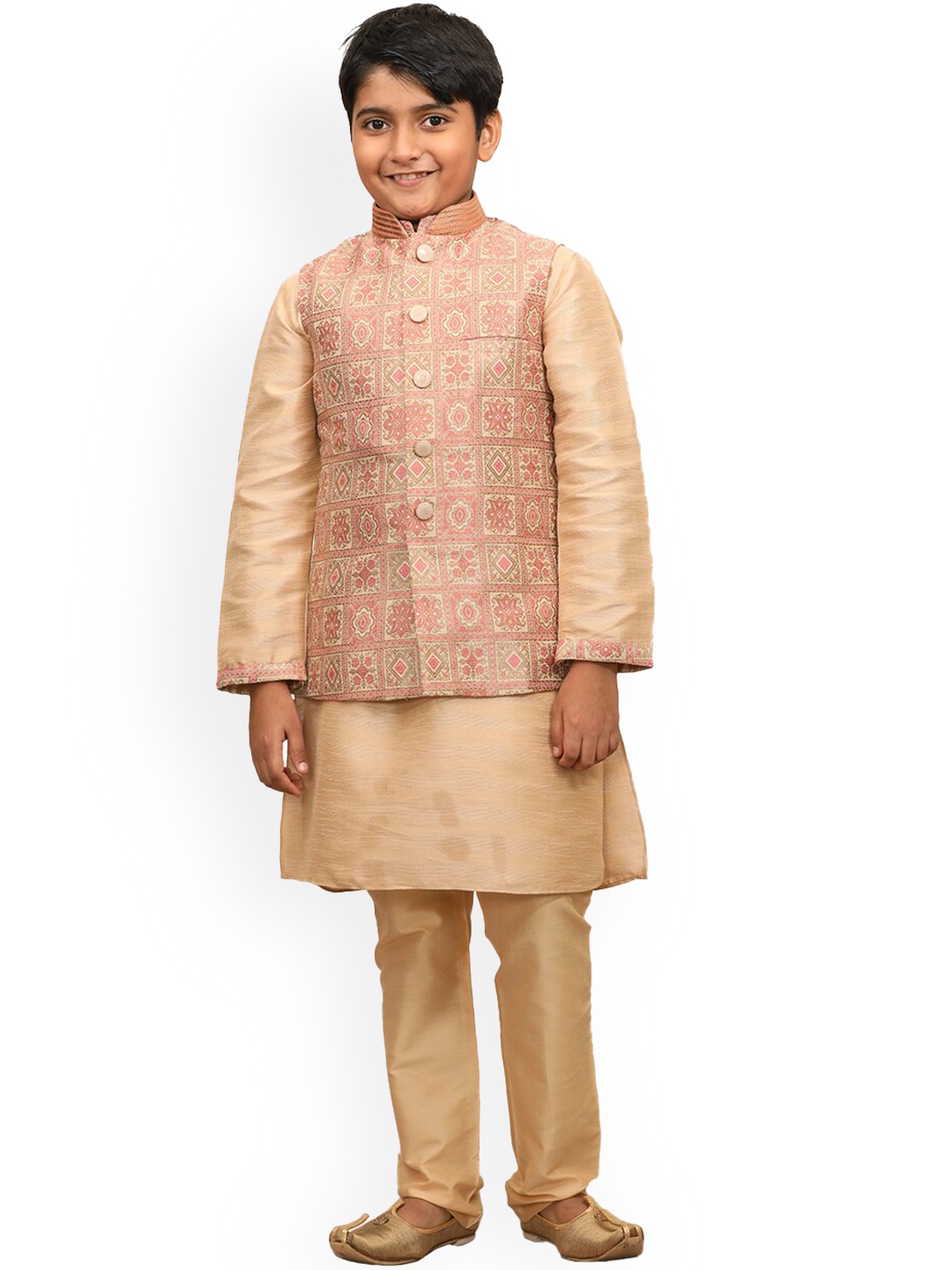 

Manyavar Boys Cream-Coloured Ethnic Motifs Layered Kurta with Churidar with Nehru Jacket