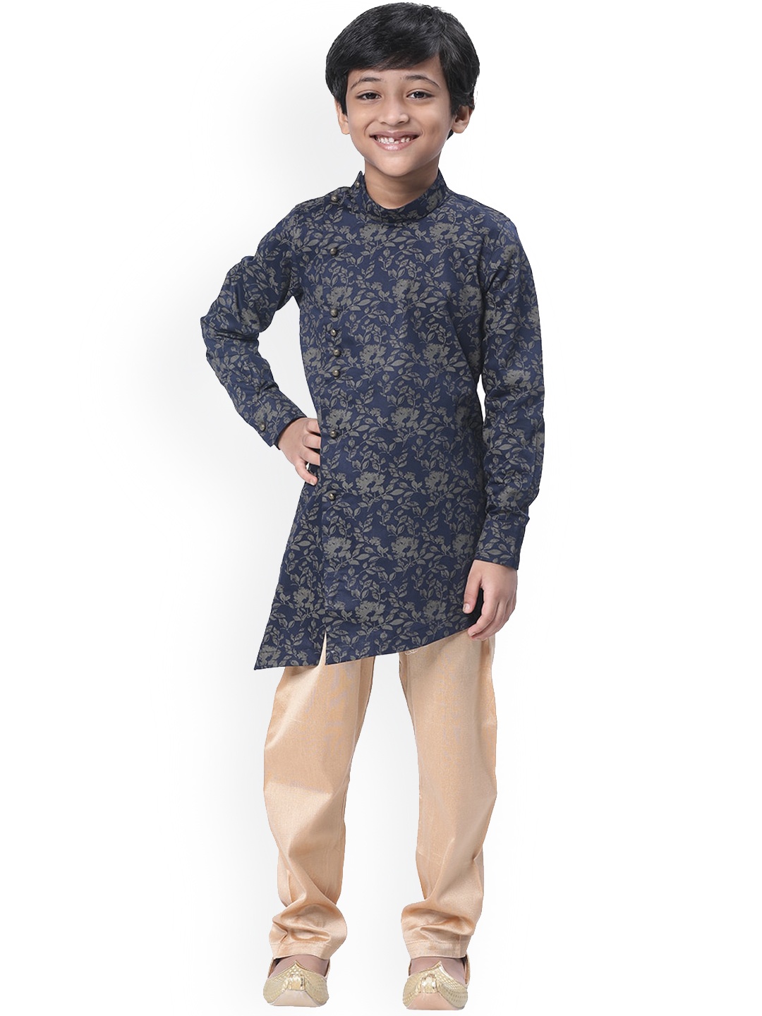 

Manyavar Boys Blue Floral Printed Angrakha Kurta with Churidar