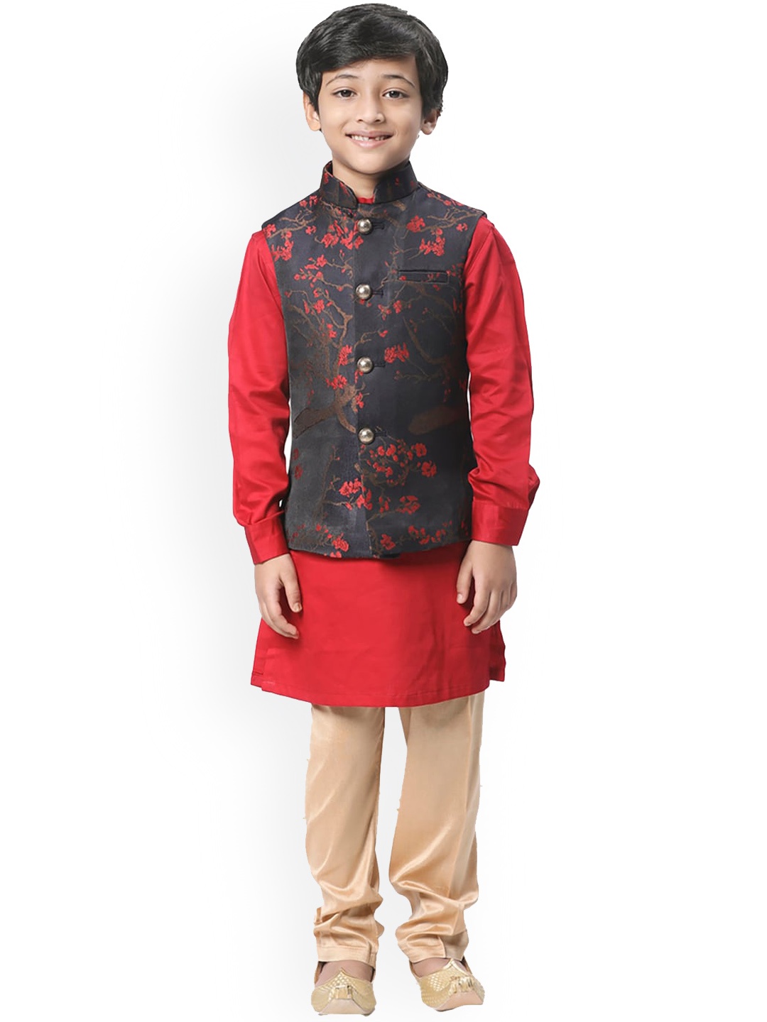 

Manyavar Boys Kurta with Pyjamas & Printed Nehru Jacket, Blue