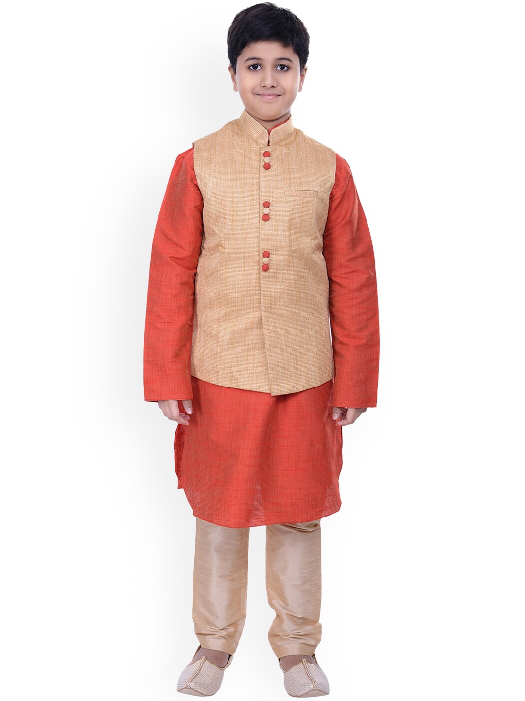 

Manyavar Boys Red & Cream-Coloured Kurta and Churidar with Nehru Jacket