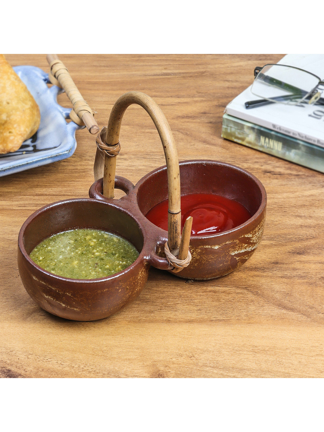 

nakshikathaa Brown Handmade Chutney Server With Cane Handle