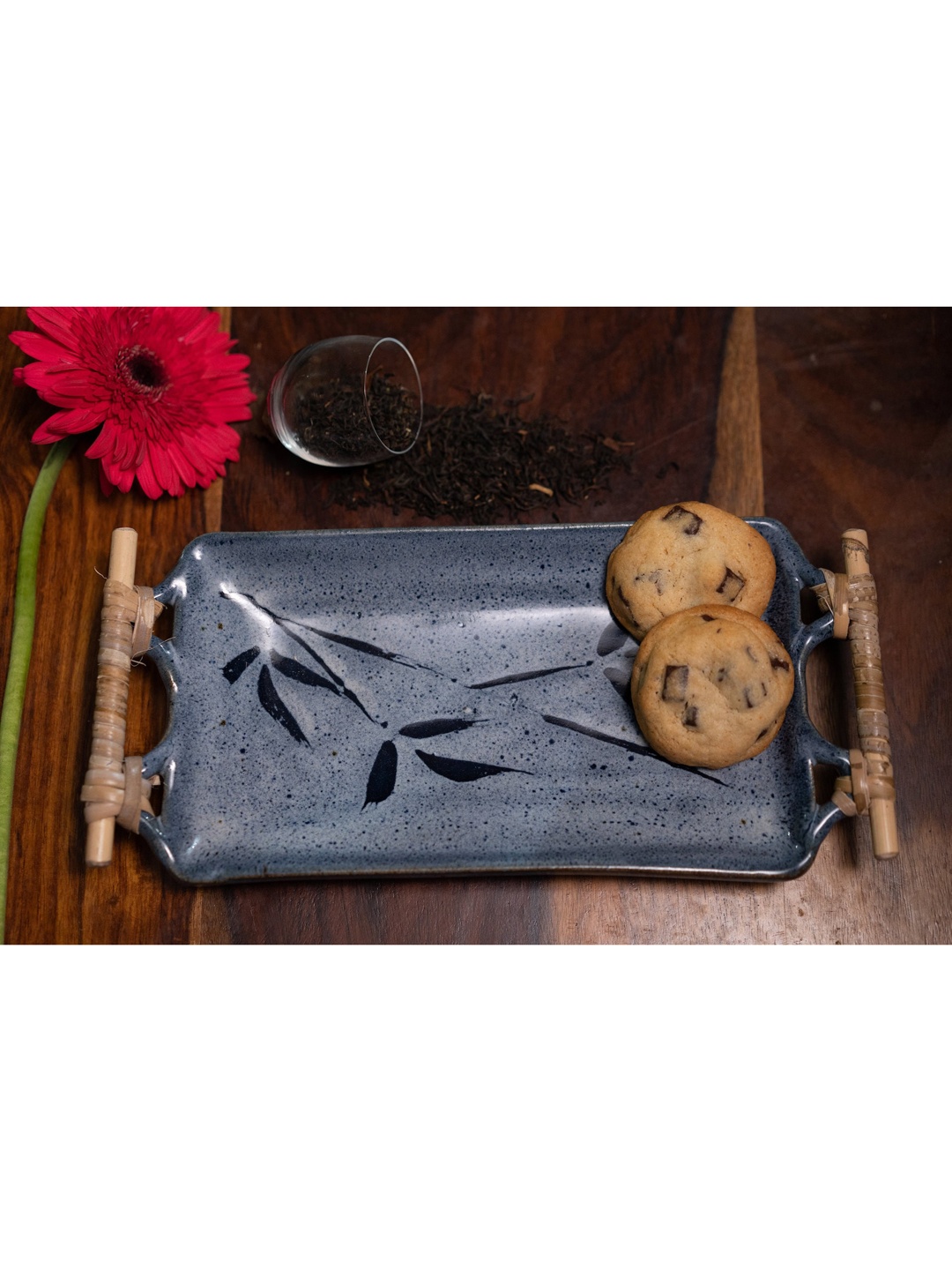 

nakshikathaa Blue Texture Rectangular Platter with Cane Handle