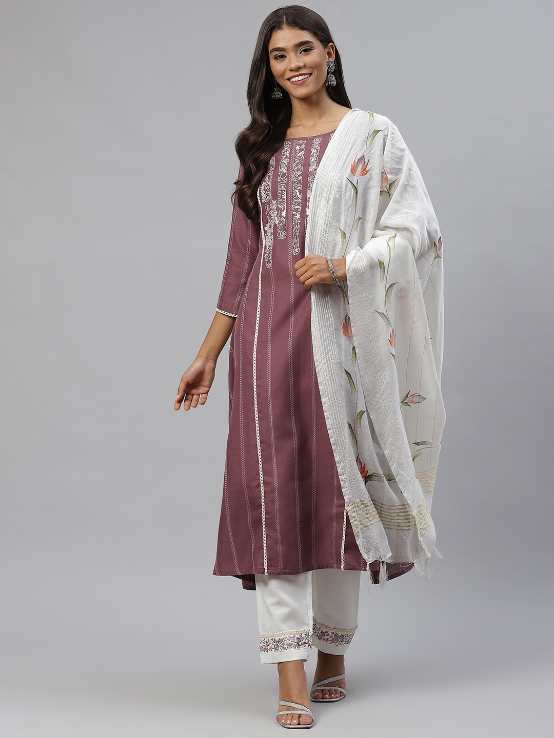 

SheWill Women Purple Floral Embroidered Panelled Thread Work Kurta with Trousers & With Dupatta