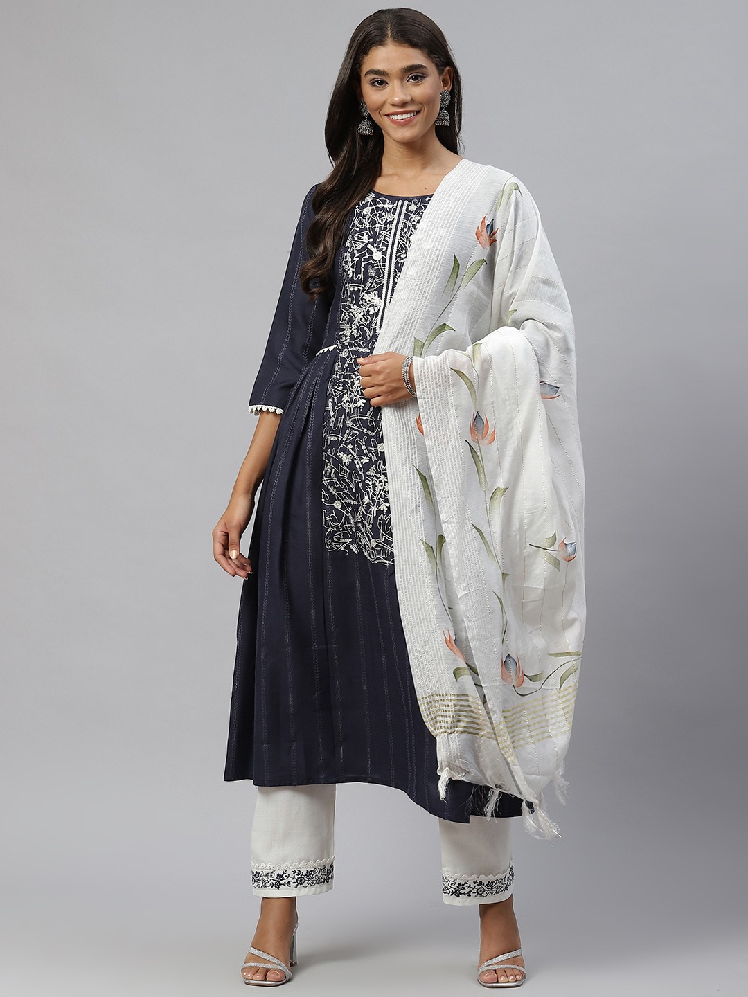 

SheWill Women Navy Blue Floral Embroidered Pleated Thread Work Kurta with Trousers & With Dupatta