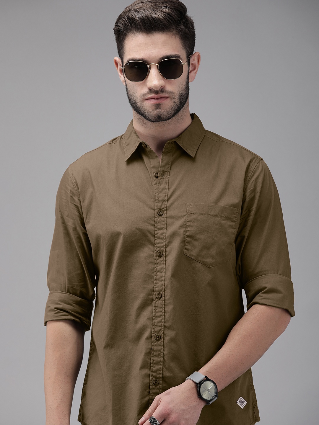 

Roadster Men Olive Green Pure Cotton Casual Shirt