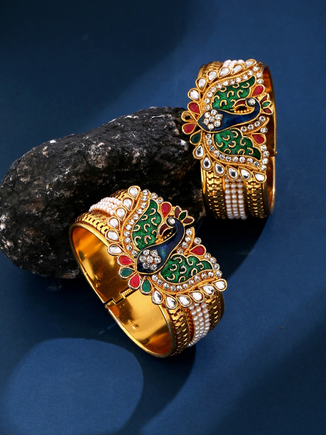 

VIRAASI Set Of 2 Gold-Plated Green & Blue Peacock Design Jadau Bangles