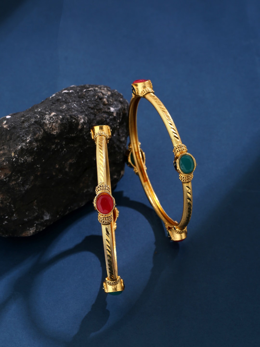 

VIRAASI Set Of 2 Green & Red Gold-Plated Stones-Studded & Beaded Handcrafted Bangles