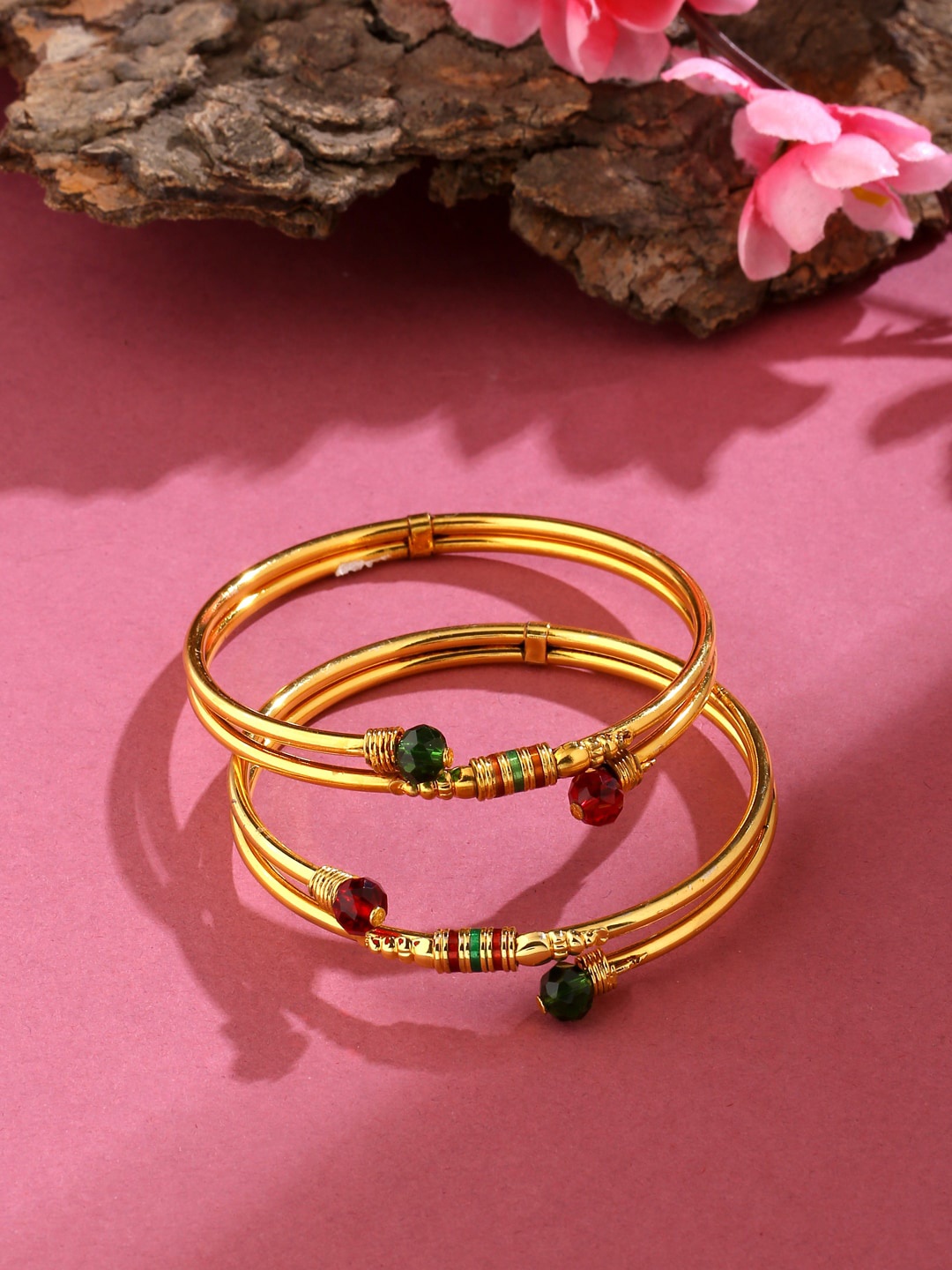 

VIRAASI Set Of 2 Gold-Plated Green & Red Stone-Studded Bangles