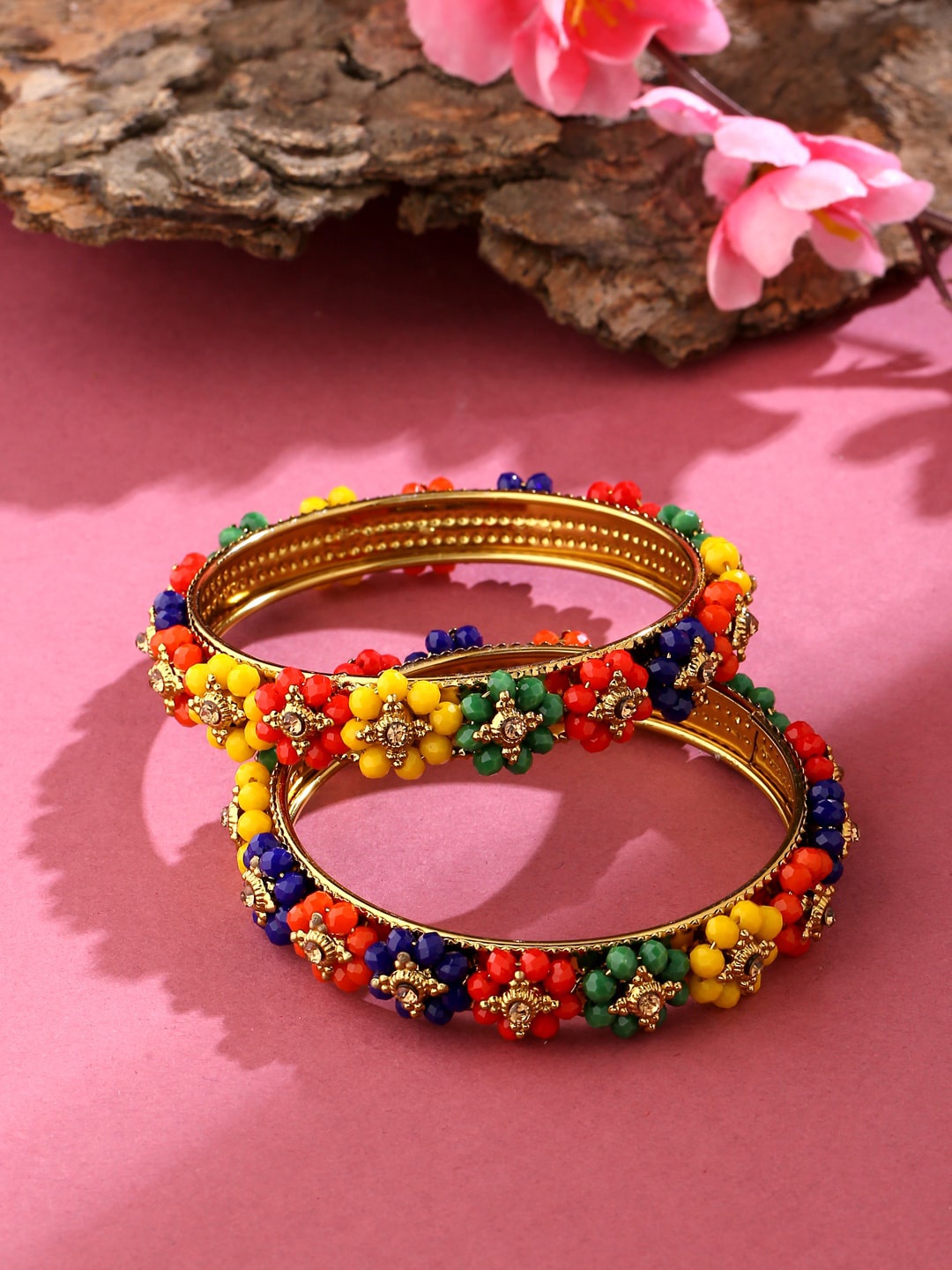 

VIRAASI Gold-Plated Multicolored Stone-Studded & Beaded Floral Bangle
