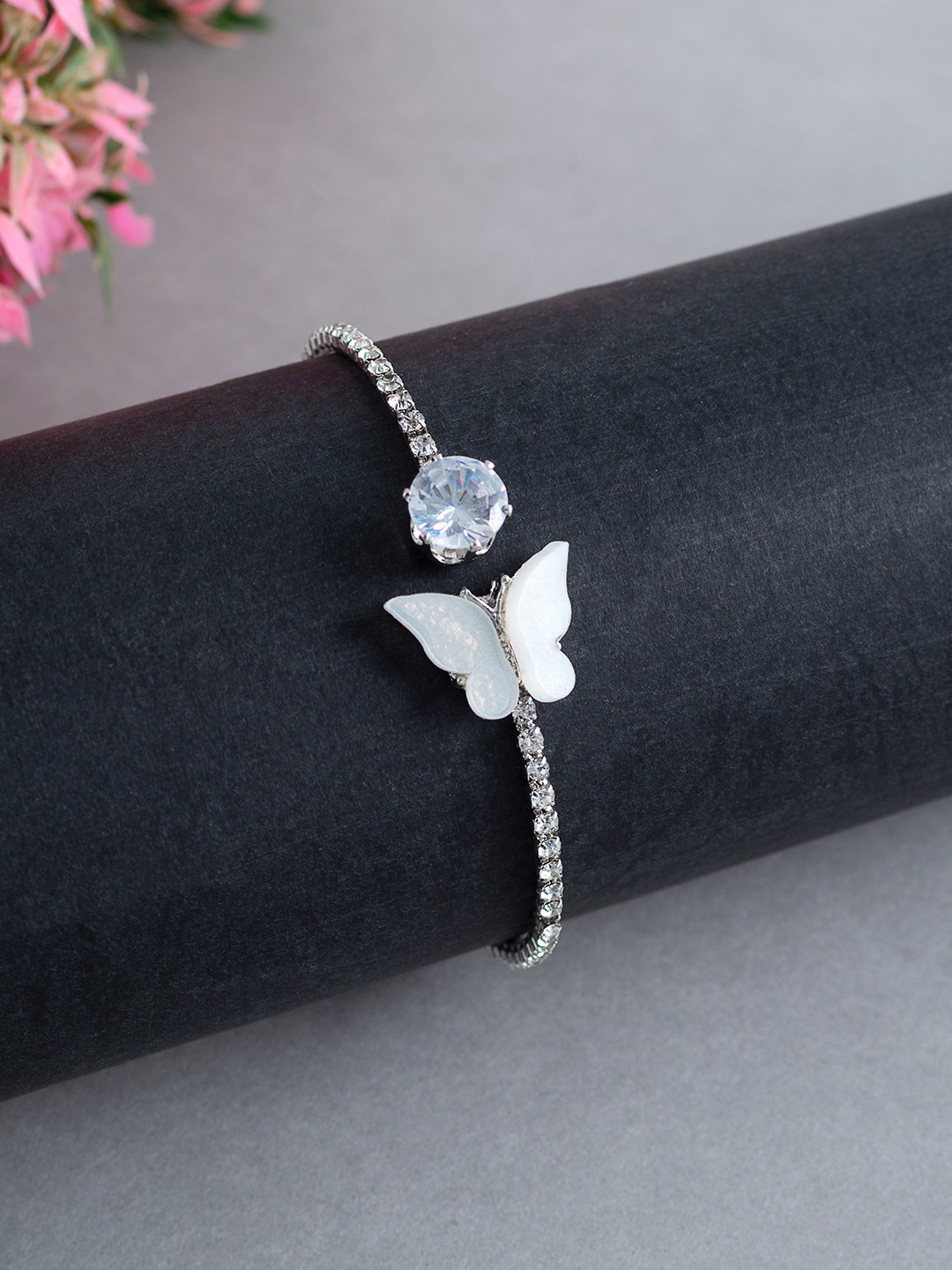 

Golden Peacock Women Silver-Toned & White American Diamond Cuff Bracelet