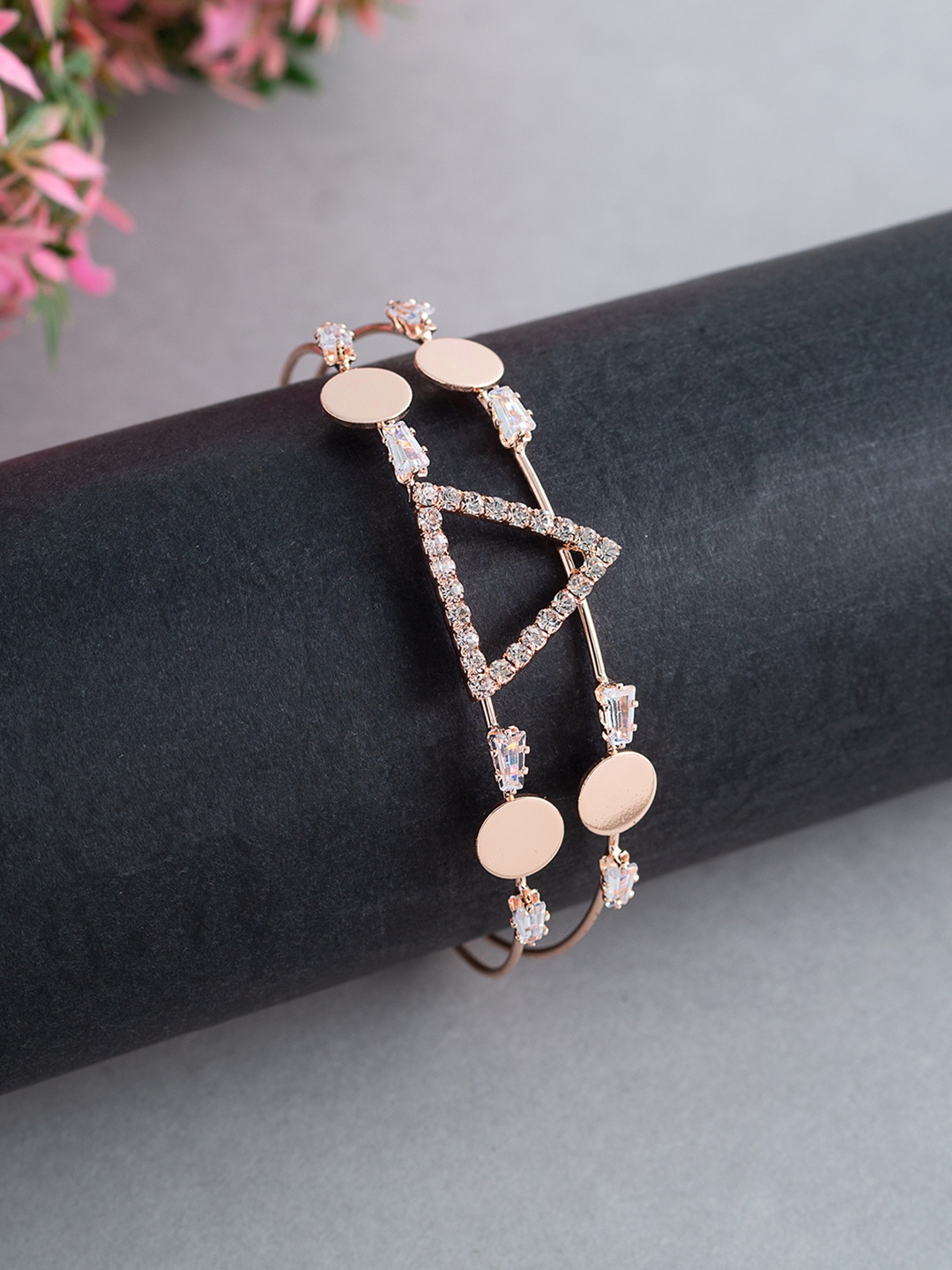 

Golden Peacock Women Rose Gold-Plated Cubic Zirconia Cuff Bracelet
