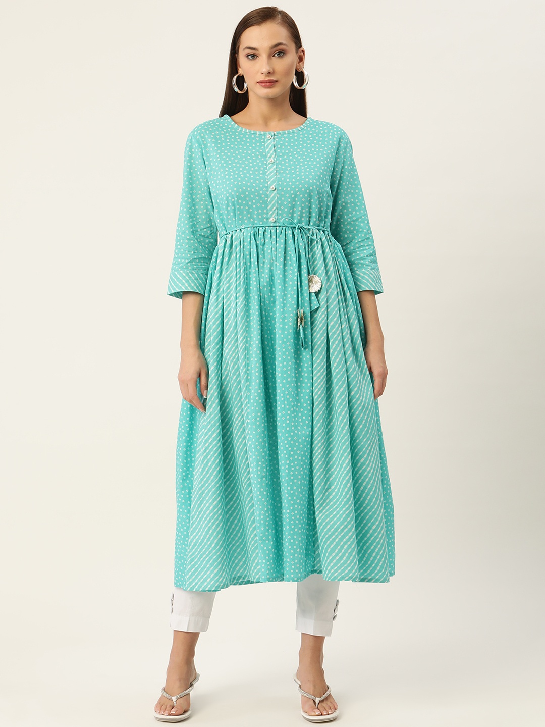 

FABRIC FITOOR Women Turquoise Blue Bandhani Print Anarkali Kurta