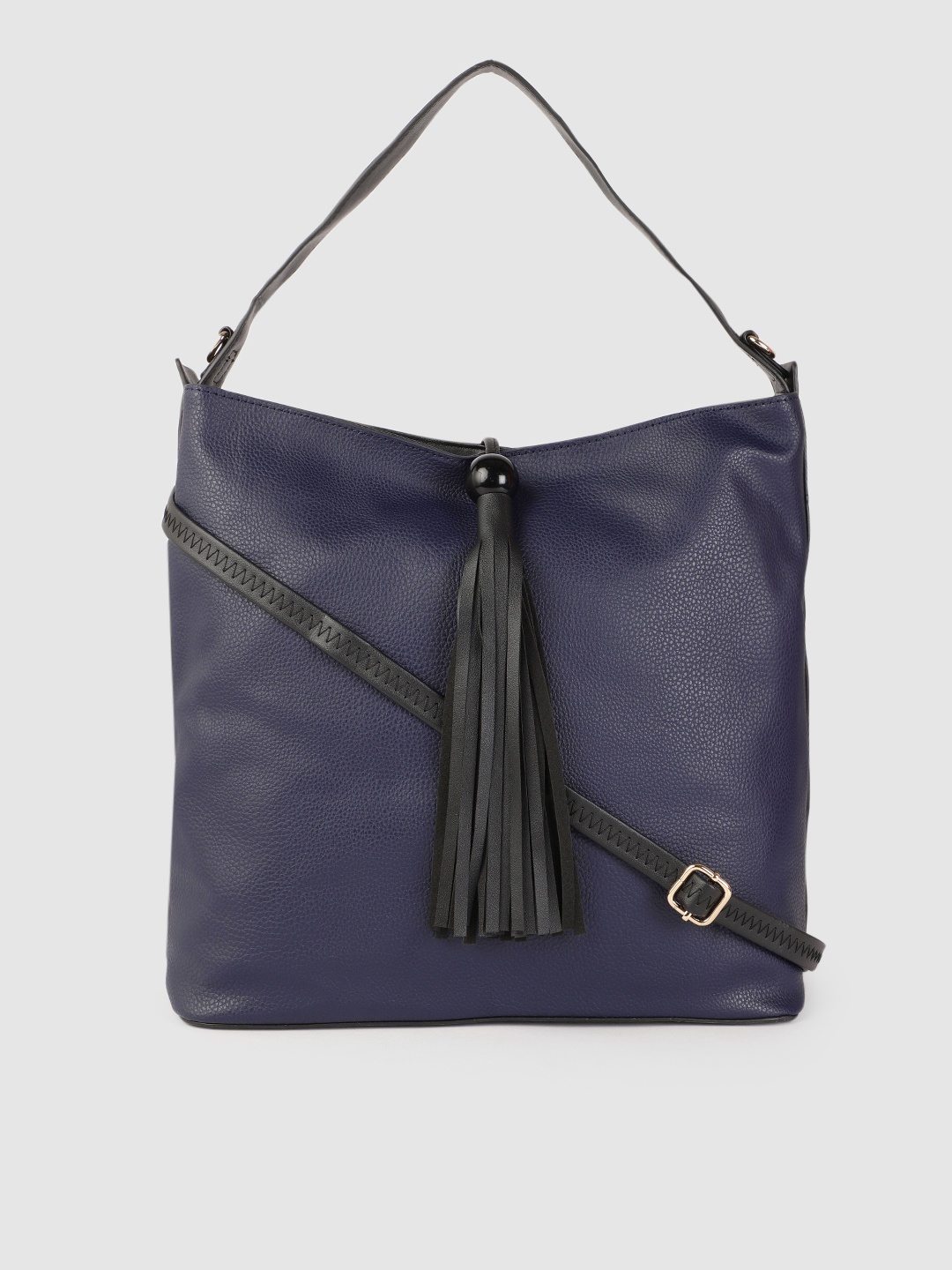 

Caprese Navy Blue Animal Textured Regular Structured Hobo Bag with Fringed Detail