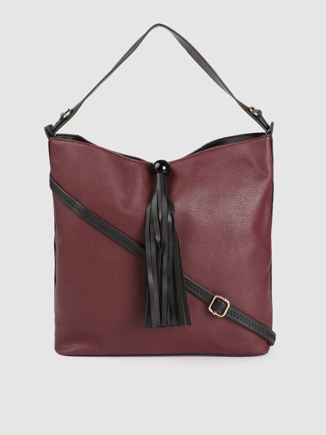 

Caprese Burgundy Animal Textured Oversized Structured Hobo Bag with Fringed Detail