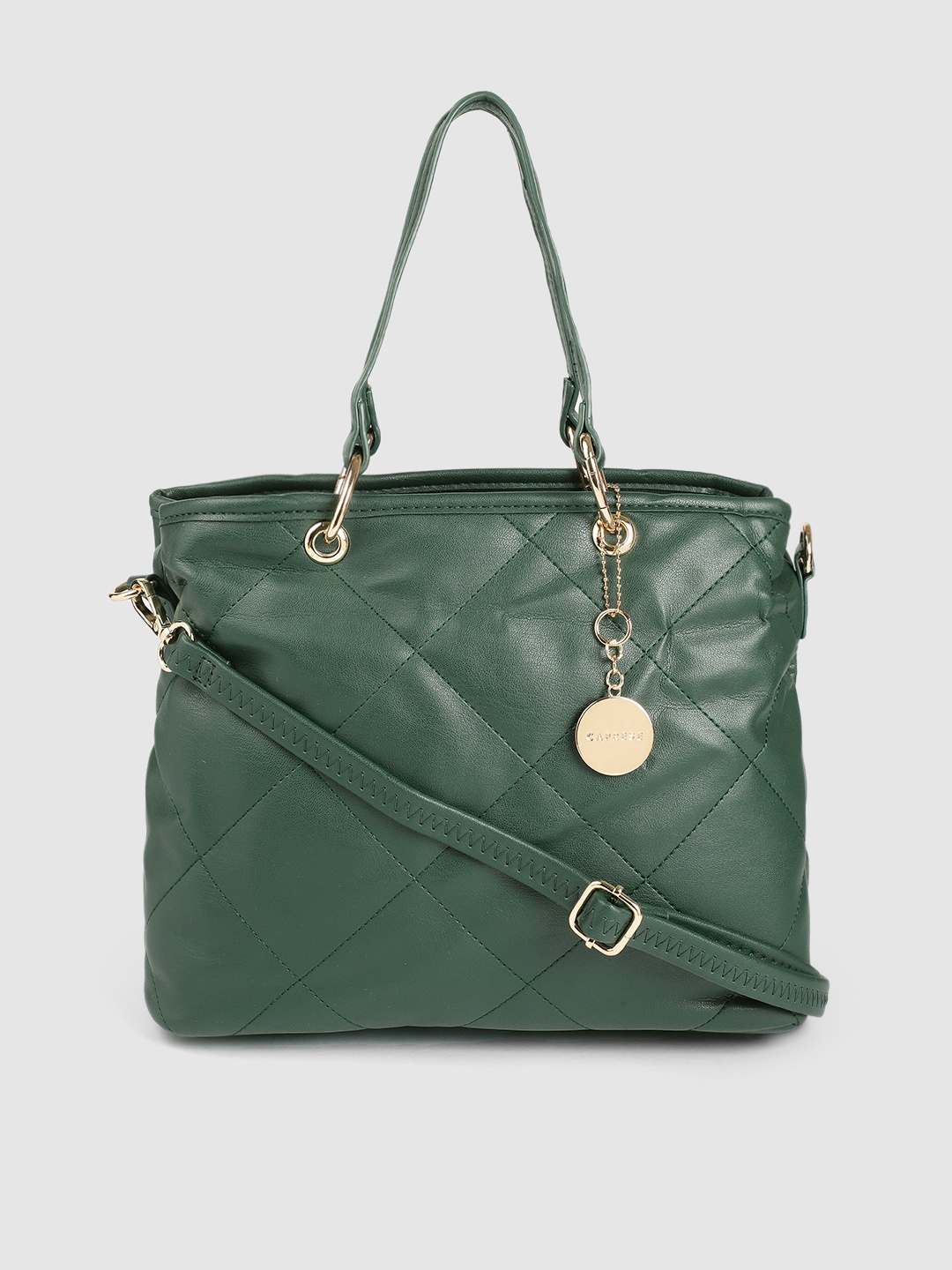 

Caprese Teal Green Solid Structured Handheld Bag with Quilted Detail