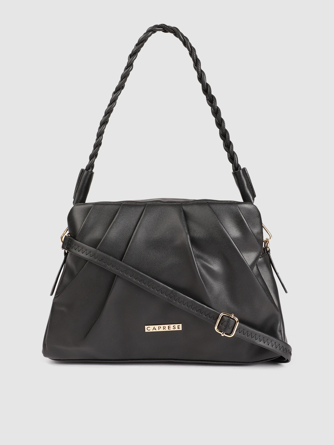 

Caprese Black Solid Regular Structured Shoulder Bag with Pleated Detail