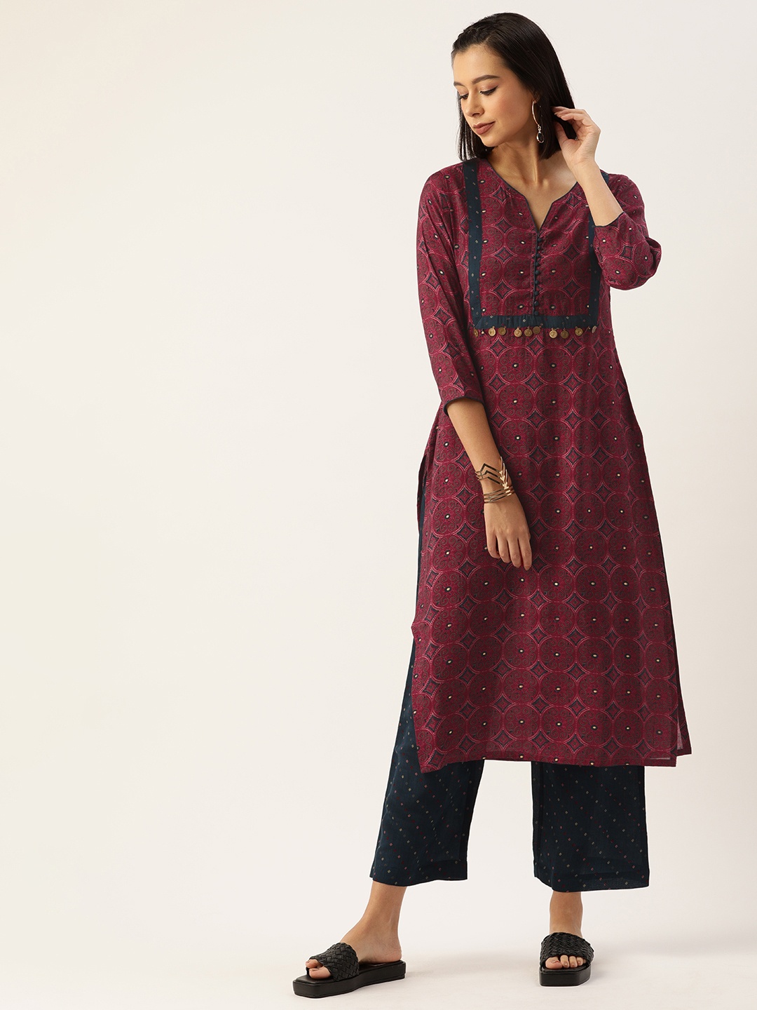 

Saanjh Women Magenta Printed Beads and Stones Kurta with Trousers