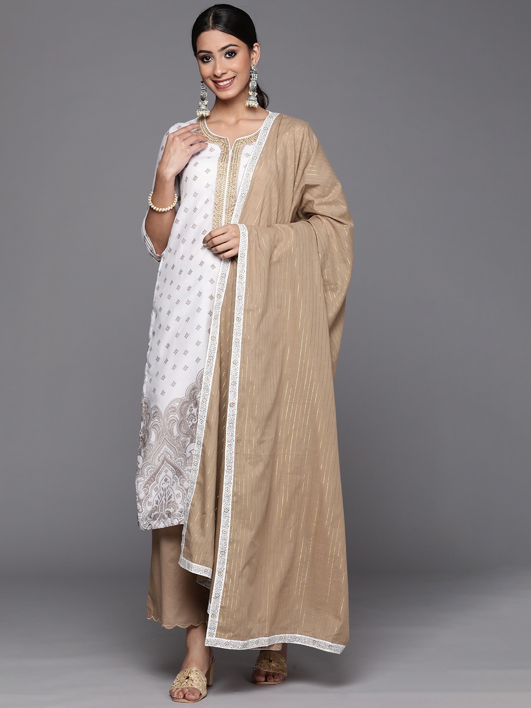 

Biba Women Off White Printed Thread Work Kurta with Palazzos & Dupatta