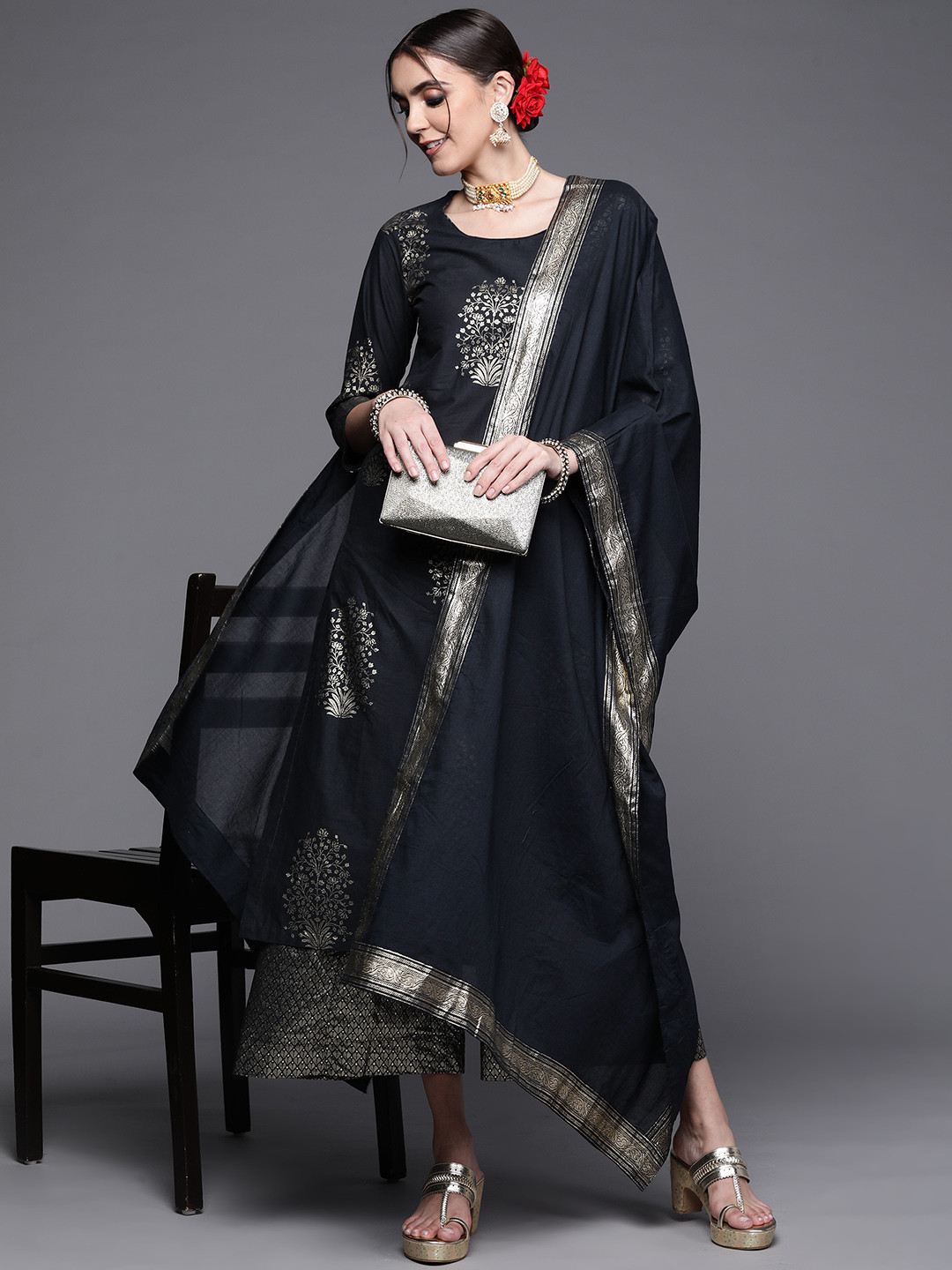 

Biba Women Black Ethnic Motifs Printed Kurta with Palazzos & With Dupatta