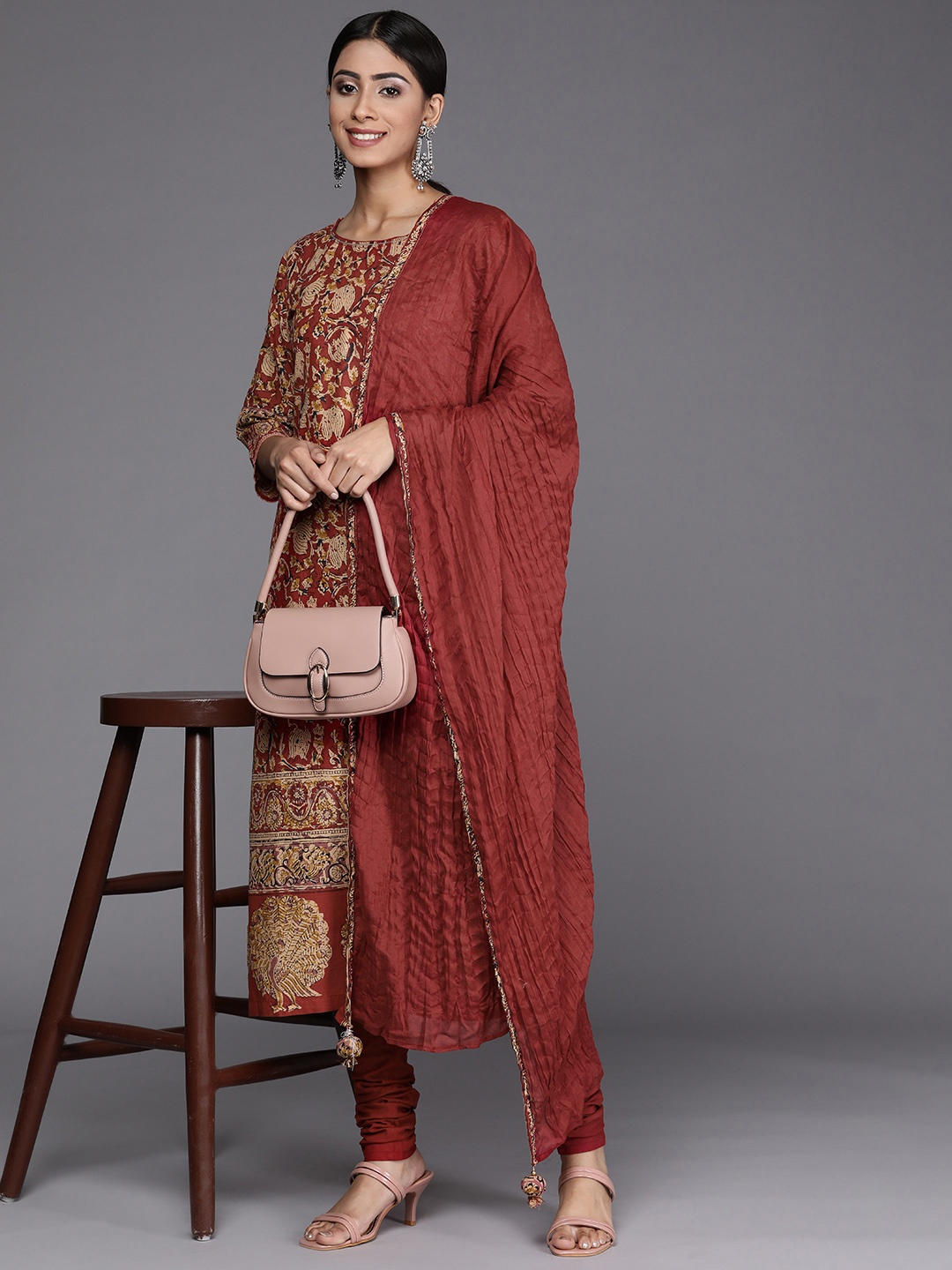 

Biba Women Red Floral Printed Pure Cotton Kurta with Churidar & With Dupatta