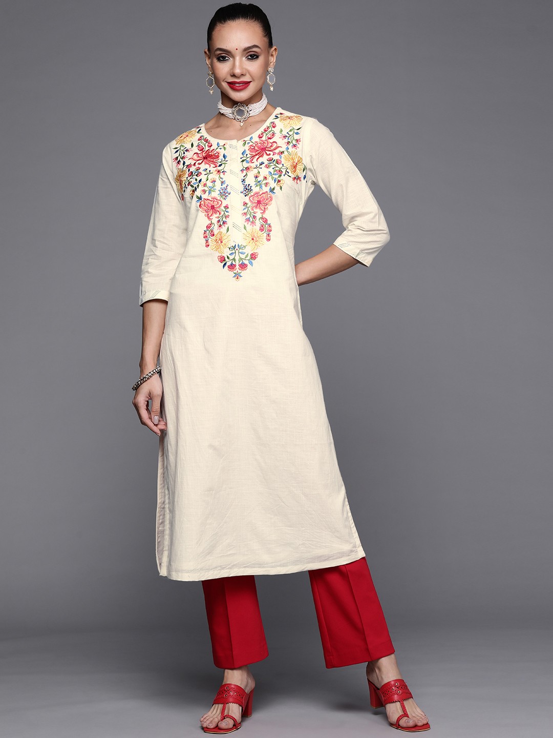

Biba Women Cream-Coloured & Red Floral Embroidered Thread Work Kurta