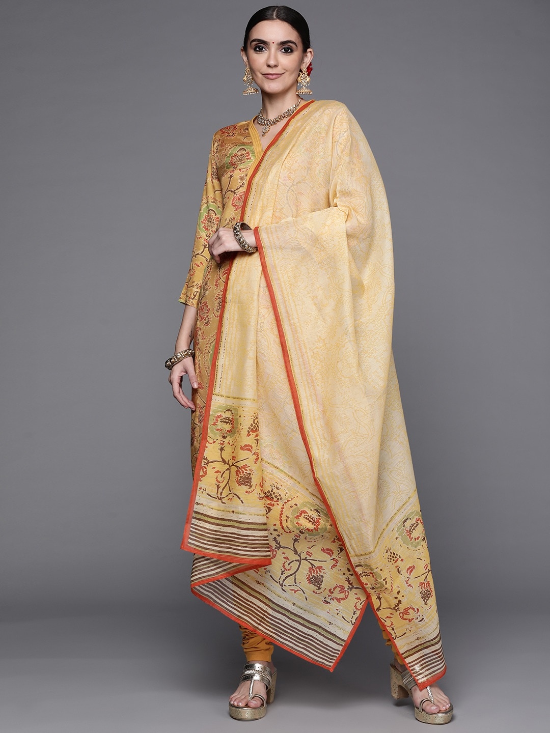 

Biba Women Yellow Floral Printed Kurta with Churidar & Dupatta