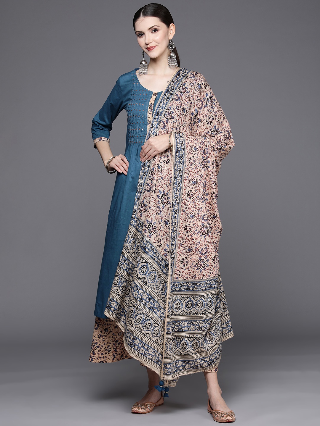 

Biba Women Teal Blue & Beige Empire Sequinned Pure Cotton Kurta with Palazzos & Dupatta