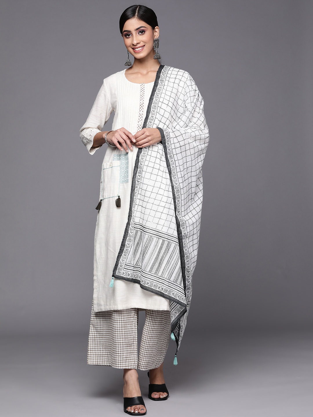 

Biba Women Beige Pure Cotton Kurta with Palazzos & With Dupatta, Off white