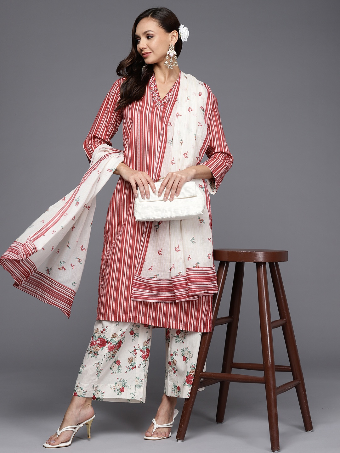 

Biba Women Off White Striped Pure Cotton Kurta with Palazzos & Dupatta