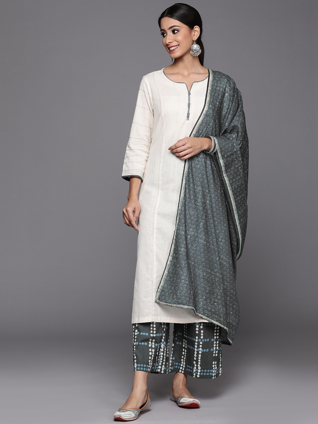 

Biba Women Off White Pure Cotton Kurta with Palazzos & With Dupatta