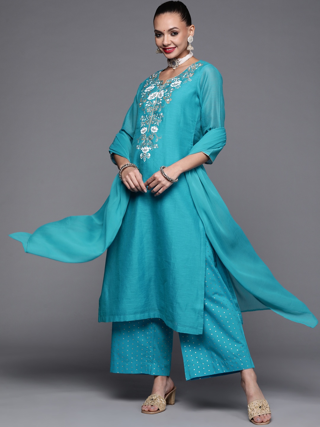

Biba Women Blue & White Ethnic Motifs Printed Kurta with Palazzos & Dupatta