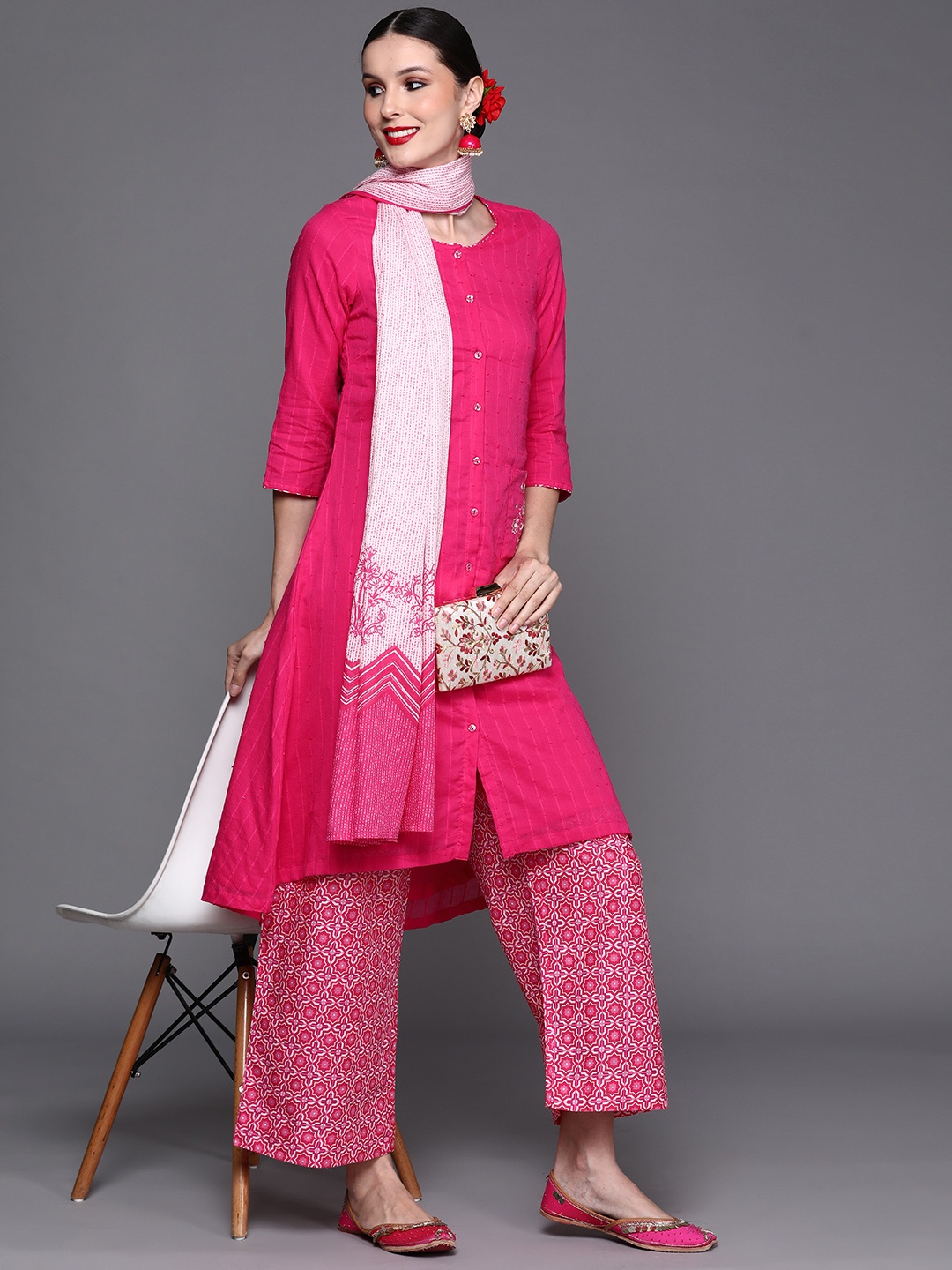 

Biba Women Fuchsia Pink Self Striped Pure Cotton Kurta with Palazzos & Dupatta