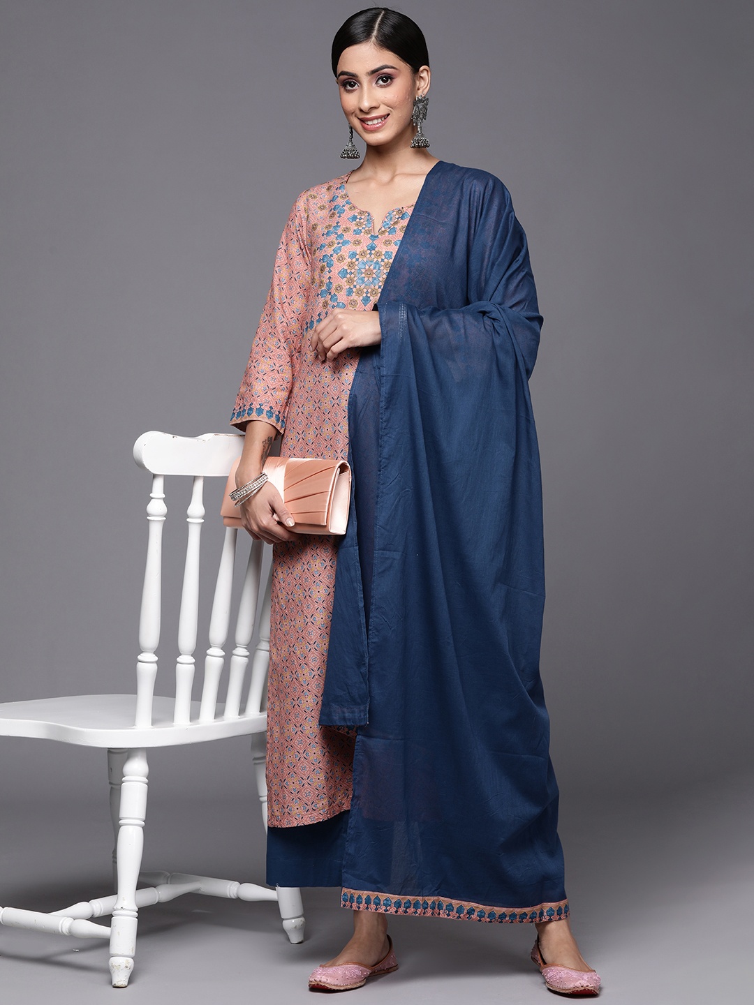 

Biba Women Peach-Coloured Ethnic Motifs Printed Pure Cotton Kurta with Palazzos & With Dupatta