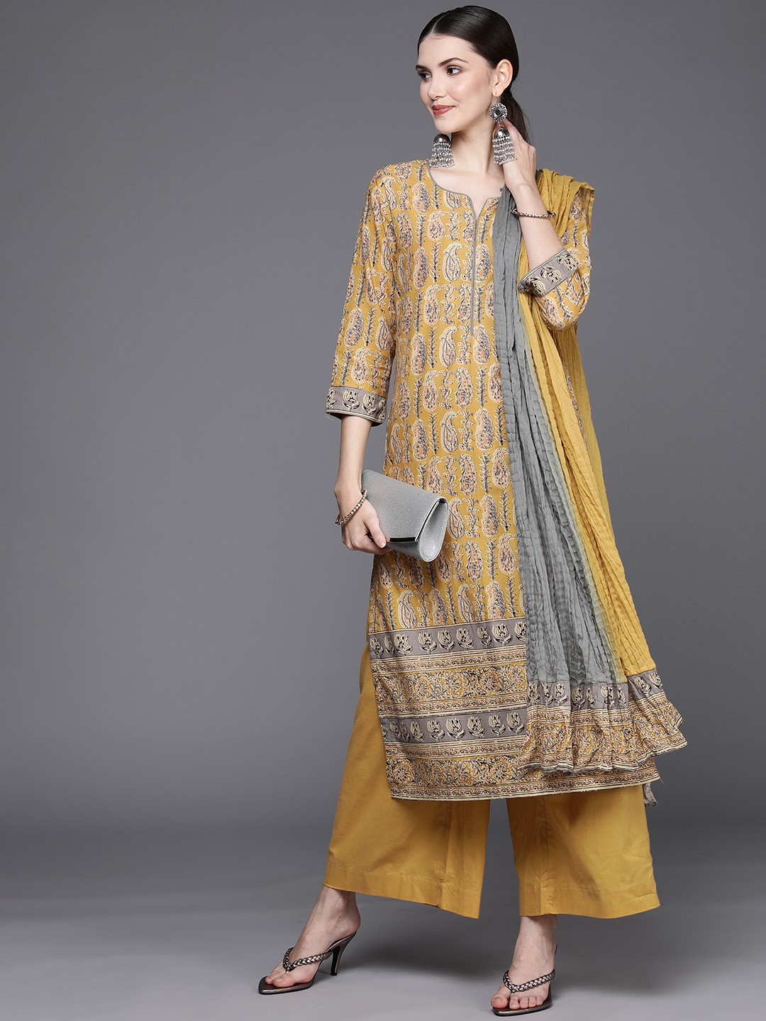 

Biba Women Mustard Yellow & Black Paisley Printed Cotton Kurta with Palazzos & Dupatta