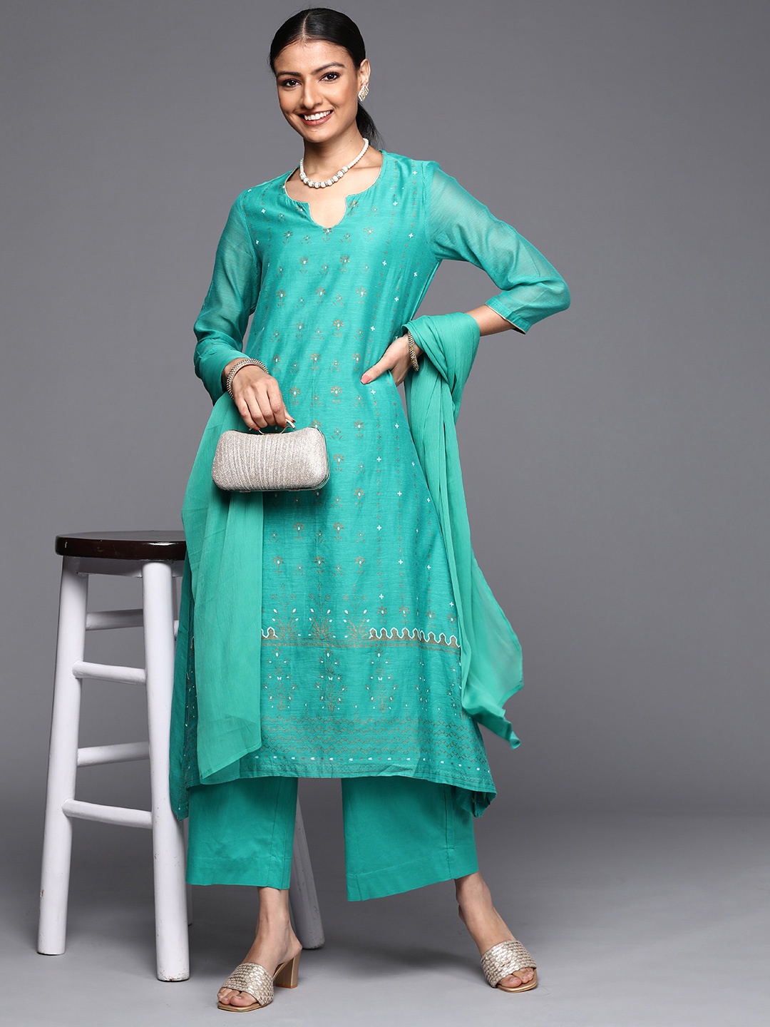 

Biba Women Green & Golden Ethnic Motifs Printed Kurta with Palazzos & Dupatta