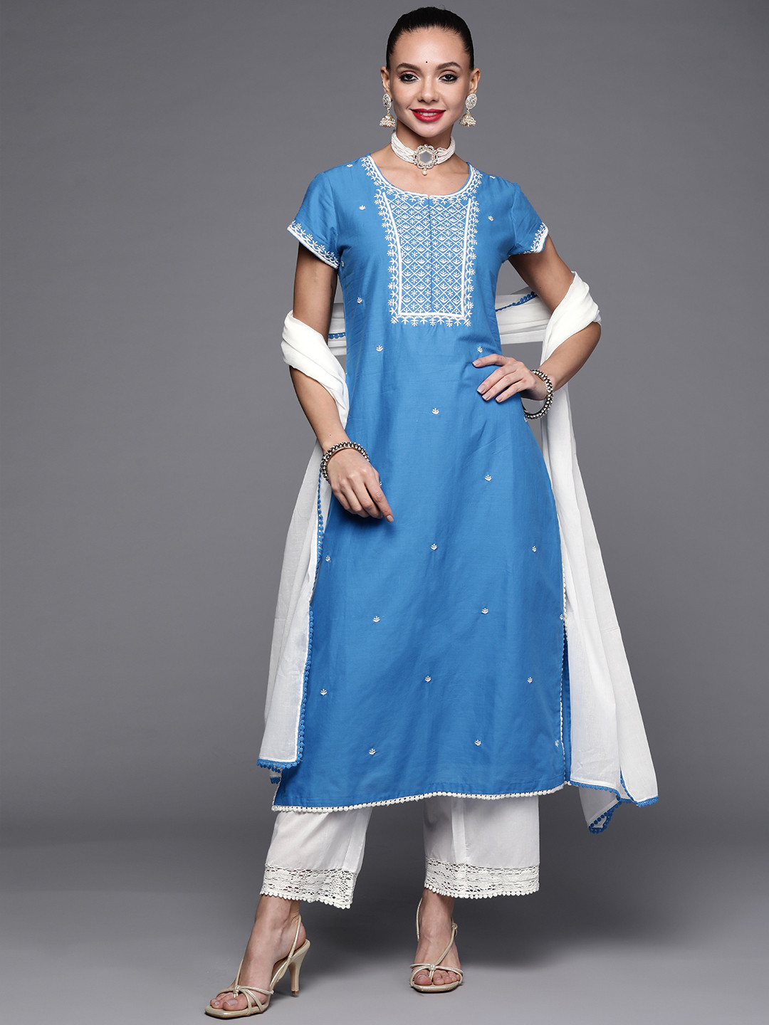 

Biba Women Blue Pure Cotton Ethnic Motifs Embroidered Kurta with Palazzos & With Dupatta
