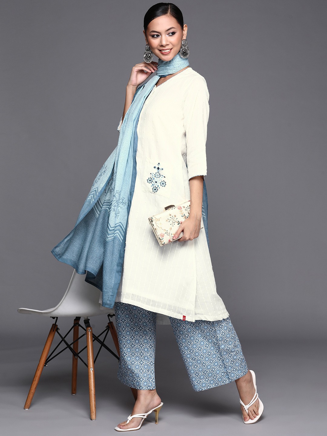 

Biba Women White & Blue Self Striped Pure Cotton Kurta with Palazzos & Dupatta