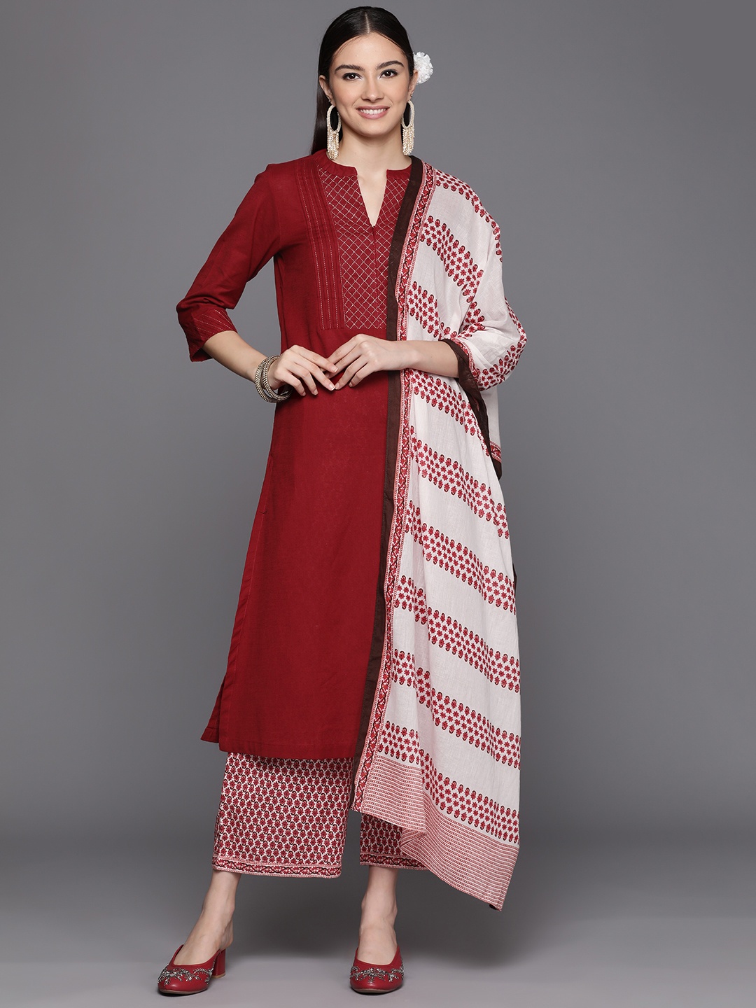 

Biba Women Red Ethnic Motifs Pure Cotton Kurta with Palazzos & With Dupatta