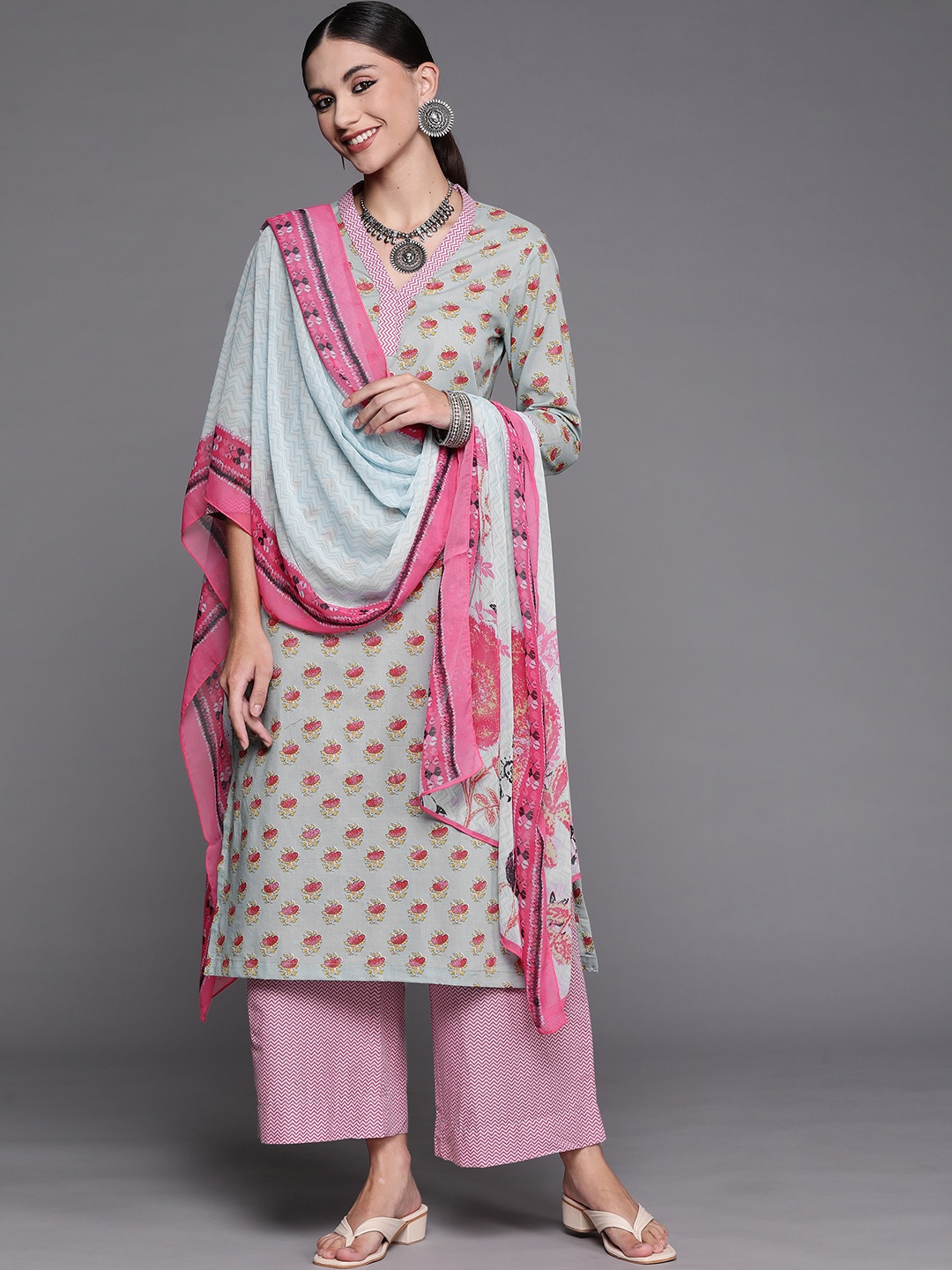 

Biba Women Blue & Pink Ethnic Motifs Printed Pure Cotton Kurta with Palazzos & Dupatta